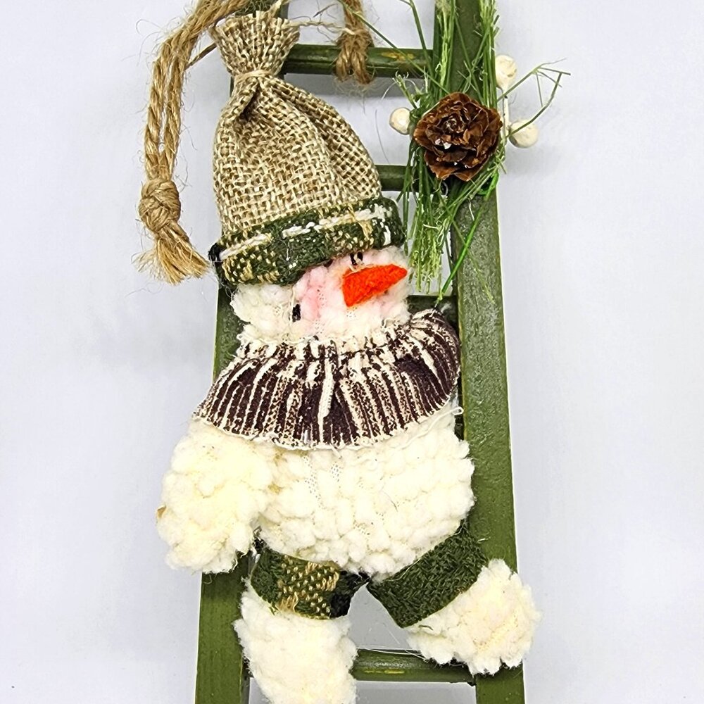 Plush Snowman Climb Green Ladder Cottage Farmhouse Christmas Holiday Ornament